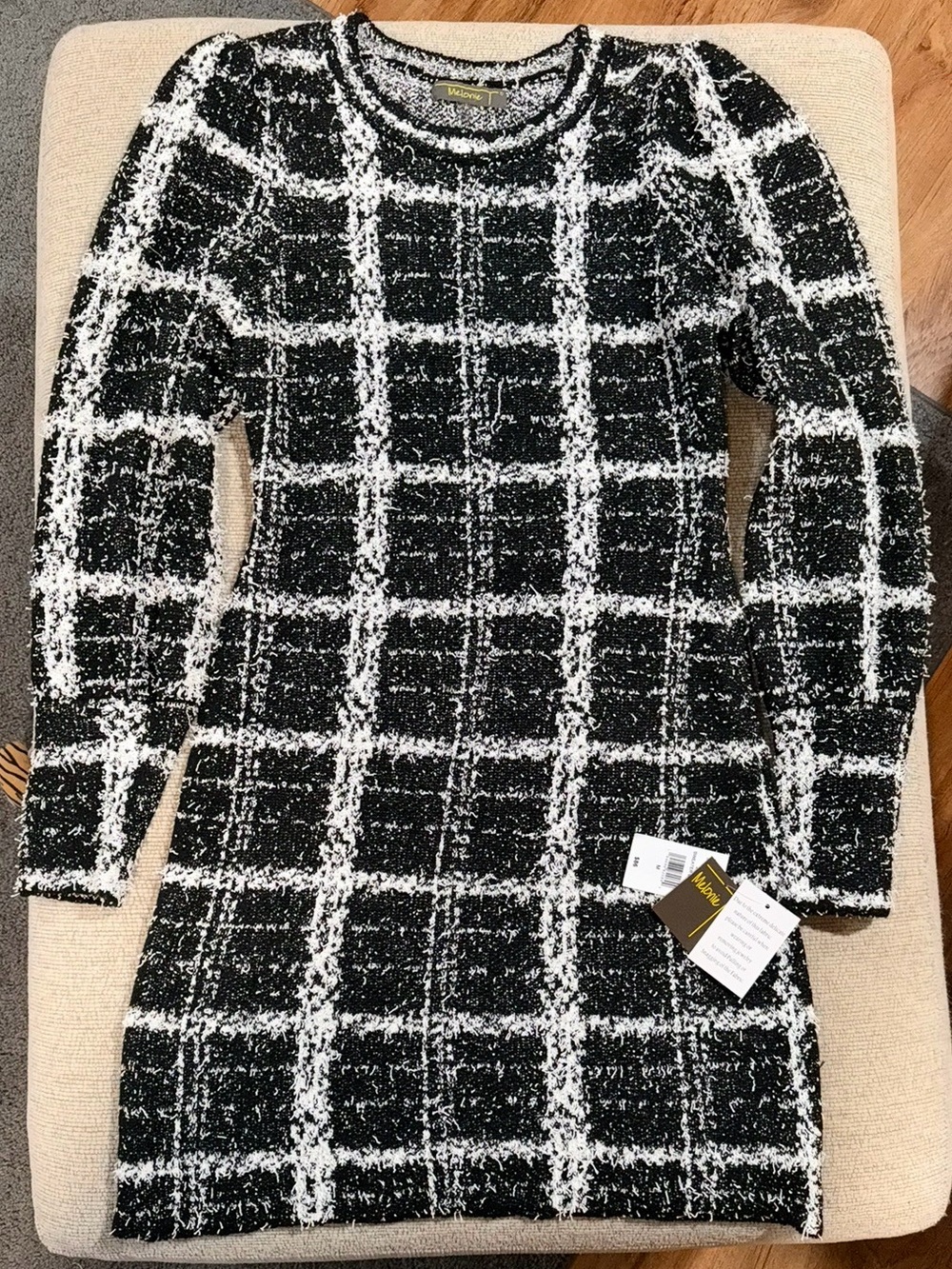 Black & White Plaid Knit Long-Sleeve Sweater Dress NWT